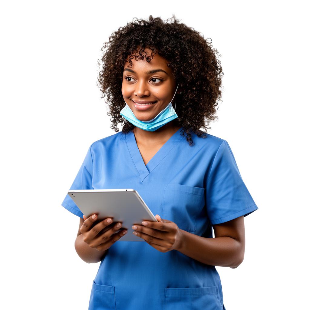 A healthcare professional holding a tablet