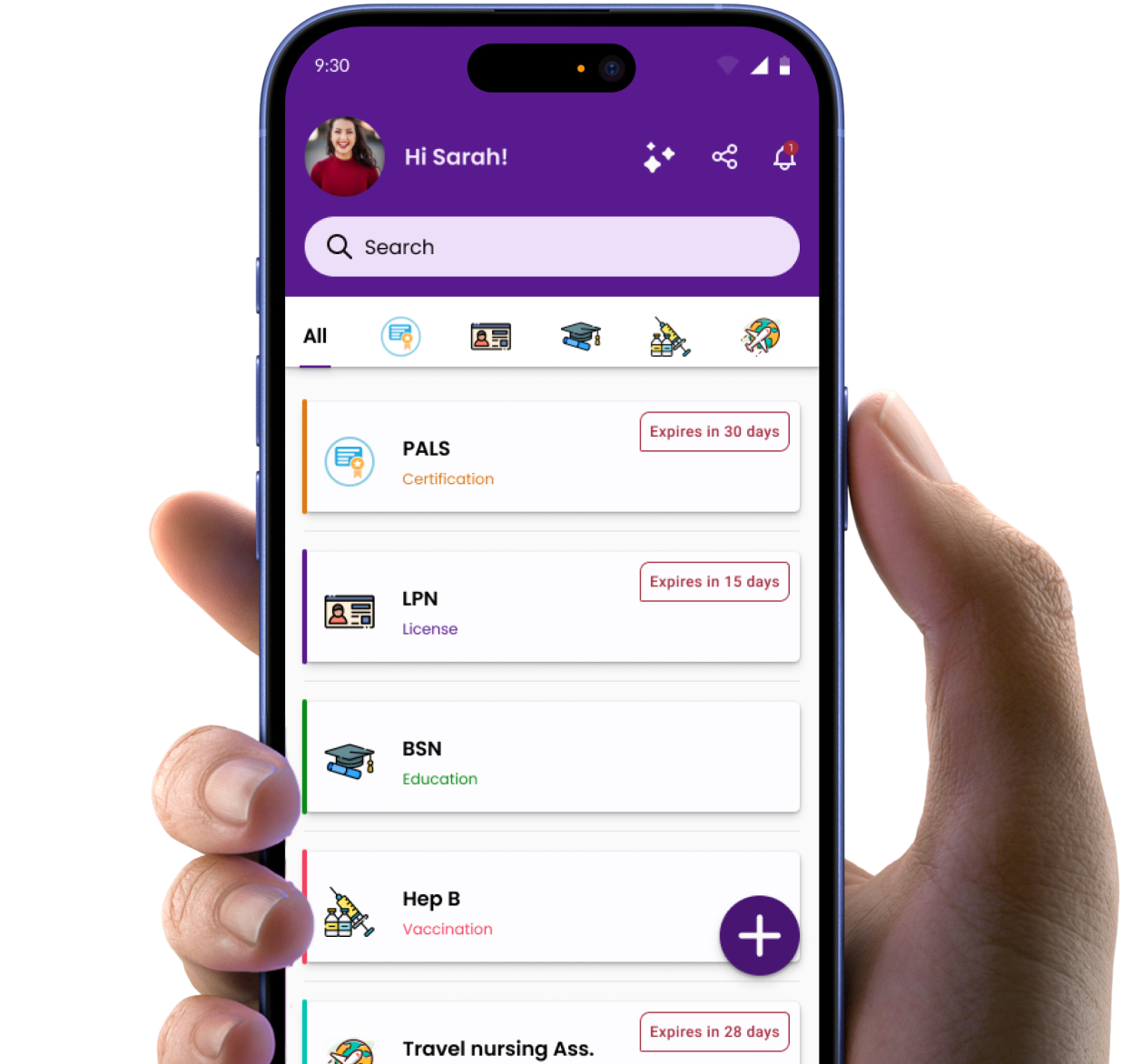 CerTracker mobile app showing nurse credential tracking dashboard with smart reminders, auto-file, metadata extraction, and sync wallet features.