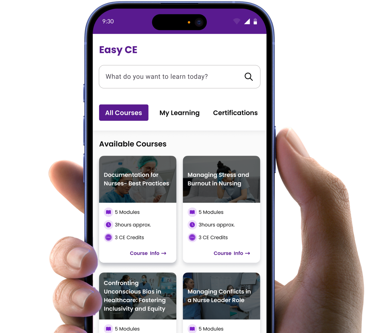 Hand holding smartphone showing CerTracker Easy CE interface with ANCC-accredited CEU courses and certifications dashboard.
